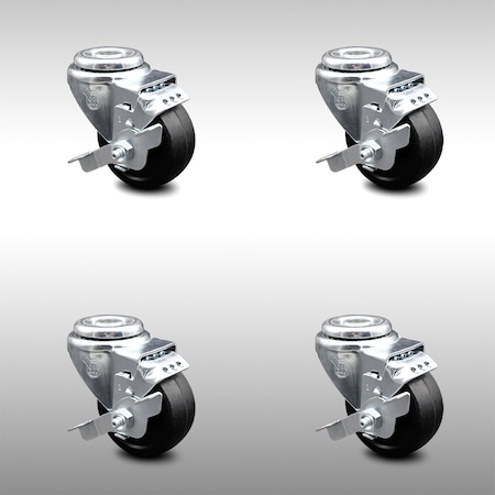 Service Caster 3.5 Inch SS Soft Rubber Wheel Swivel Bolt Hole Caster Set with Brake SCC SCC-SSBH20S3514-SRS-TLB-4